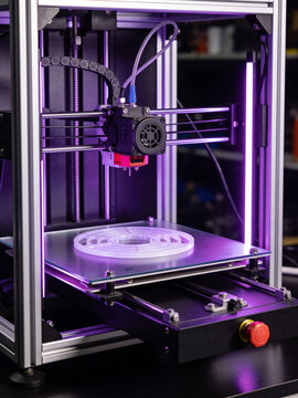 Glowing UV curing machine in a dark workshop