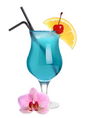 Cocktail in glass and orchid flower isolated on white © New Africa