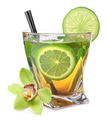 Delicious cocktail in glass and orchid flower isolated on white © New Africa