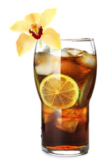 Refreshing cocktail in glass and orchid flower isolated on white © New Africa