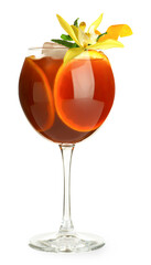 Delicious cocktail in glass and orchid flower isolated on white © New Africa