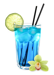 Delicious cocktail in glass and orchid flower isolated on white © New Africa