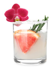 Tasty cocktail in glass and orchid flower isolated on white © New Africa