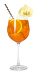 Tasty cocktail in glass and orchid flower isolated on white © New Africa