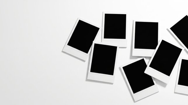 Small group of blank instant photo frames scattered on a clean white background in a minimal top view, with copy space, for commercial use