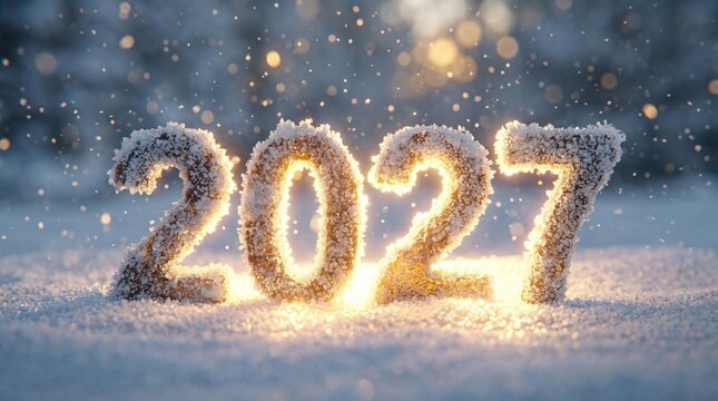 Frosted 2027 numerals illuminated from behind on blue snow beneath sparkling winter bokeh, for seasonal advertising, in a polished wide format