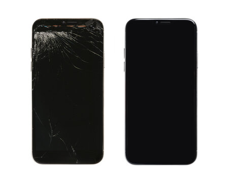 Smartphone before and after repairing. Collage on transparent background