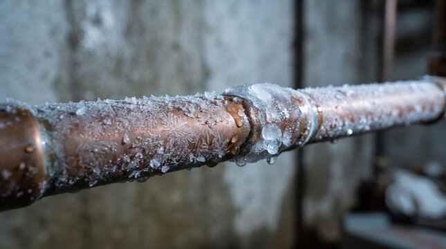 Residential metal water pipe coated with frost and thick ice around a joint during extreme freezing weather, with copy space, for commercial use