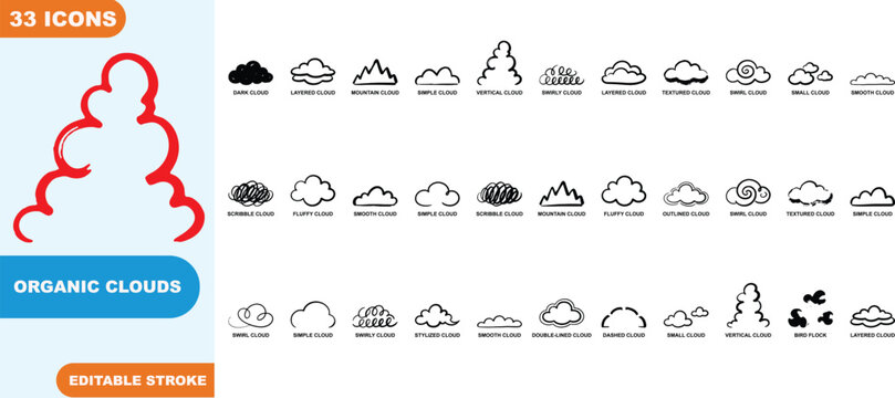 Organic clouds vector icons including dark cloud layered cloud mountain cloud simple cloud vertical cloud swirly cloud layered cloud textured cloud swirl cloud small cloud smooth cloud