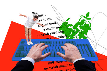 Obraz premium Creative collage young man balance keyboard device digital equipment typing arms body fragments sleeve drawing background
