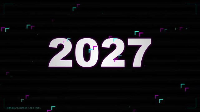 Animasi tipografi angka '2027' yang mengalami distorsi digital cepat dengan efek glitch dan pergeseran warna RGB (chromatic aberration).