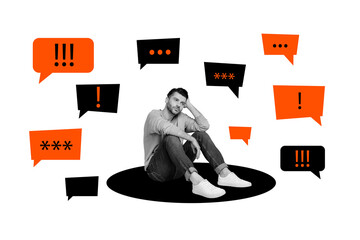 Obraz premium Creative collage picture young upset man anxiety thoughtful overthink textbox message reply attention exclamation mark alert urgent news