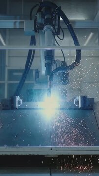Vertical video: Igniting arc, welding robot performing seam cutting on steel plate in welding bay