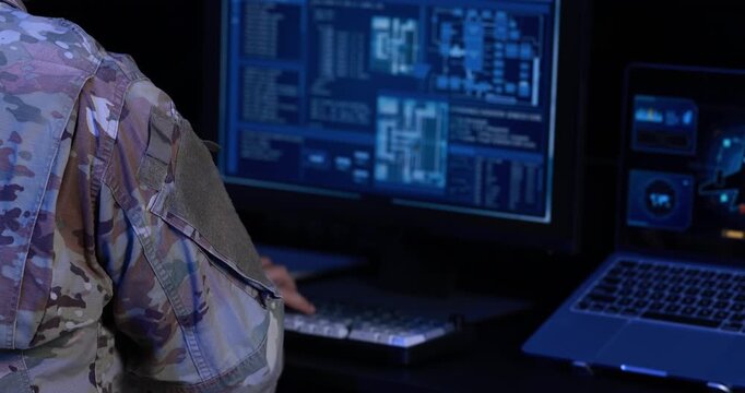Military service member in camouflage operates a computer in a dark command center, with blue data screens and laptop suggesting cybersecurity and surveillance.