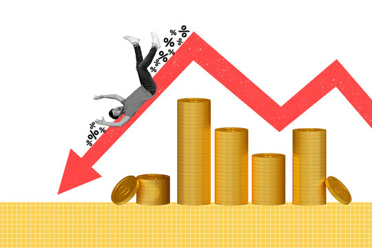 Creative collage picture young man falling down arrow economy inflation golden coins stack percent rate drawing background