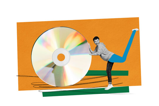 Composite trend artwork 3D sketch image photo collage of computer technology data digital kilobyte young man pull push memory dvd disk