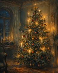 Fototapeta premium Elegant Christmas tree glowing in a vintage luxury room