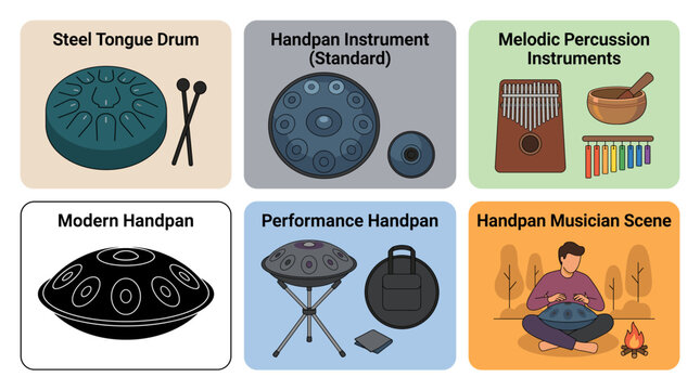 Set of vector collection featuring different styles of hang drums, including steel tongue drums, handpan instruments, melodic percussion instruments, modern handpans, performance handpans