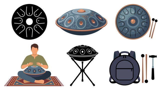 Set of vector collection featuring different styles of hang drums, including steel tongue drums, handpan instruments, melodic percussion instruments, modern handpans, performance handpans