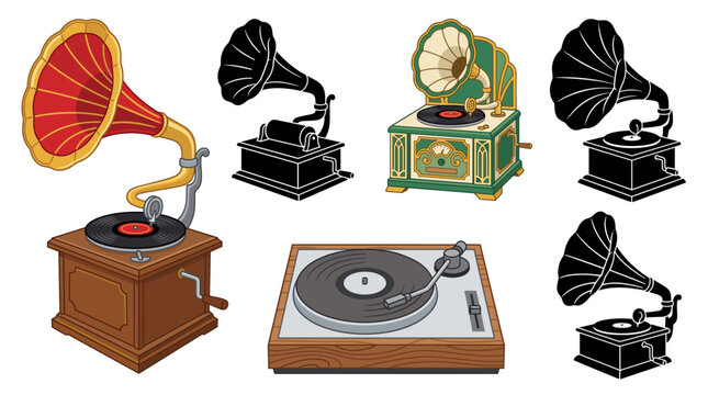 Set of vector collection featuring different styles of gramophones, including vintage gramophones, antique phonographs, decorative record players, horn gramophones, classic turntables