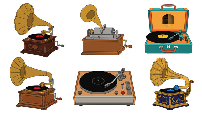 Professional vector collection featuring different styles of gramophones, including vintage gramophones, antique phonographs, decorative record players, horn gramophones, classic turntables