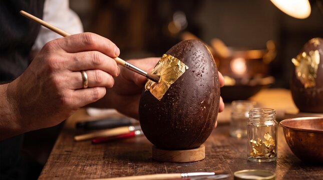 Artisan decorating a large chocolate egg with gold leaf using a brush