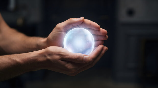 crystal ball glowing in hands futuristic vision and magic concept