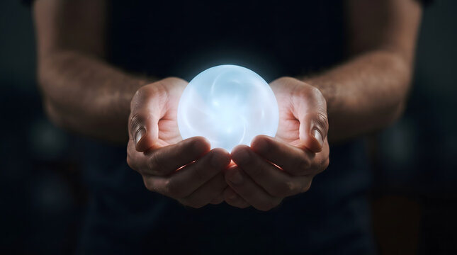 artificial intelligence glowing orb in hands futuristic technology concept