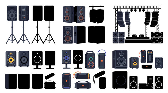 Professional vector collection featuring different styles of speakers, including professional DJ speakers, club speakers, concert speakers, studio monitors, portable speakers, subwoofers