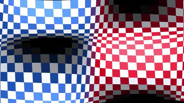 Waving checkered flag abstract design with blue and red squares on black background graphic art