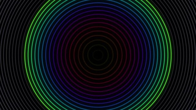 Concentric rainbow colored circles tunnel abstract background with dark center vortex design