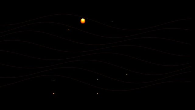 Abstract minimalist background with glowing orange spheres and curved thin lines in space