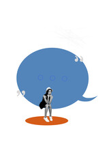 Obraz premium Vertical collage picture young upset bored depressed girl textbox message communication phrase bubble citation drawing background