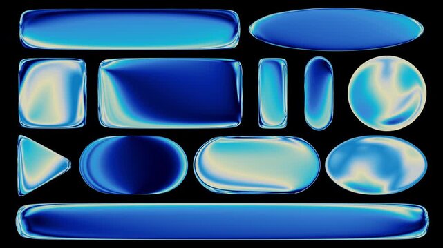Glossy looping liquid glass gradient buttons and shapes with alpha channel. Moving blue iridescent gradients, seamless loop. Note, alpha channel in 4K version only.