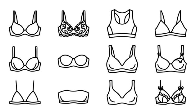 Collection of various lingerie styles and bra outlines in a simple black and white design