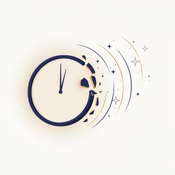 Exploding clock face with shattered glass and debris against a light background