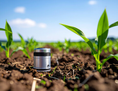 ground-level close-up of a cylindrical metallic smart soil sensor monitoring moisture and nutrients in fertile soil beside young green maize sprouts under a sunny blue sky