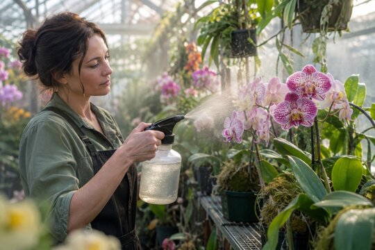 Greenhouse Worker Caring for Orchids