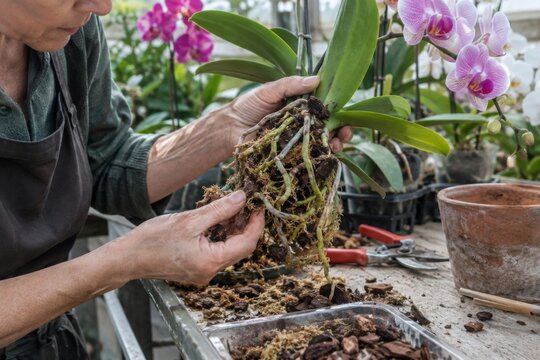 Gardener Repotting Orchid