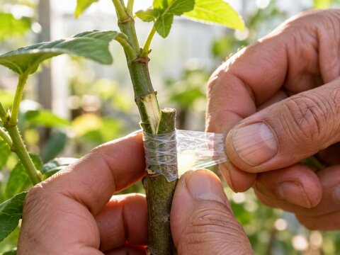 Gardener Grafting Young Plant Stem