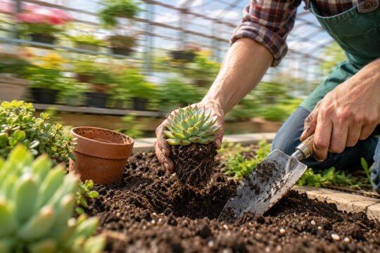 Gardener Repotting Succulent Plant