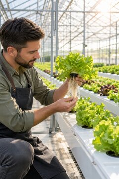 Hydroponic Farmer Checking Lettuce