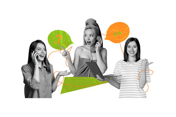 Obraz premium Creative image collage picture happy cheerful woman communicate each other via telephone network landline digital devices textbox speech