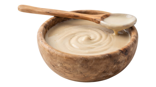 A wooden bowl filled with creamy sauce and a spoon on transparent background