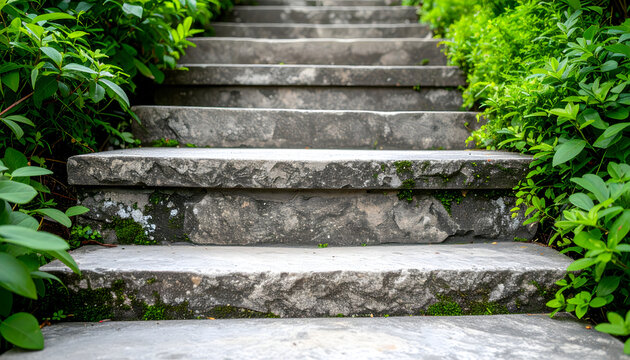 Stone stairs surrounded by lush green foliage in a peaceful garden setting featuring textured rock steps and vibrant plants