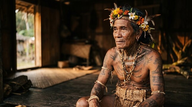 Elderly indigenous man with tattoos and flower crown sitting in traditional hut