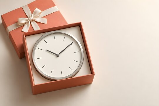 Clock in an Open Gift Box with Ribbon and Copy Space, Gift of Time Concept