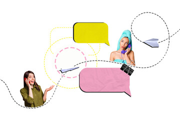 Obraz premium Composite trend artwork 3D sketch image photo collage of&nbsp;blue color space speech cloud message two young lady friends talk call phone sms