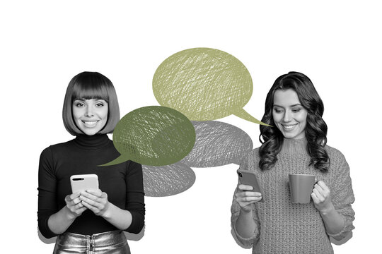 Composite photo collage of two happy girls hold iphone text box correspondence chat bubble distance speak isolated on painted background