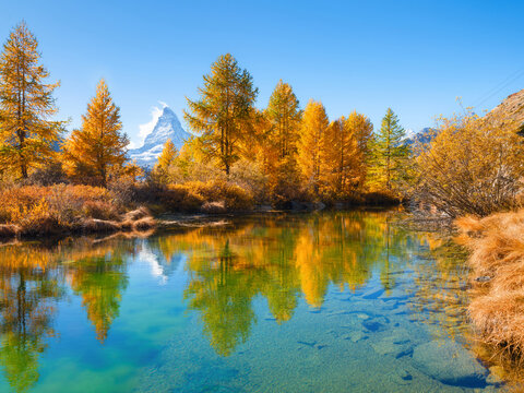 Matterhorn mountain in Switzerland reflects in a calm alpine lake. Scenic mountain landscape with colorful autumn trees under a clear sky in daytime.